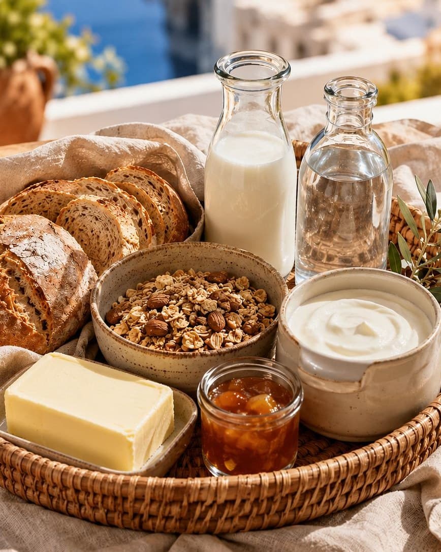 The Continental Breakfast pack in a wicker tray: a seeded loaf with slices cut, a bowl of nut granola, Greek yogurt, a slab of butter, a jar of jam and a carafe of milk.