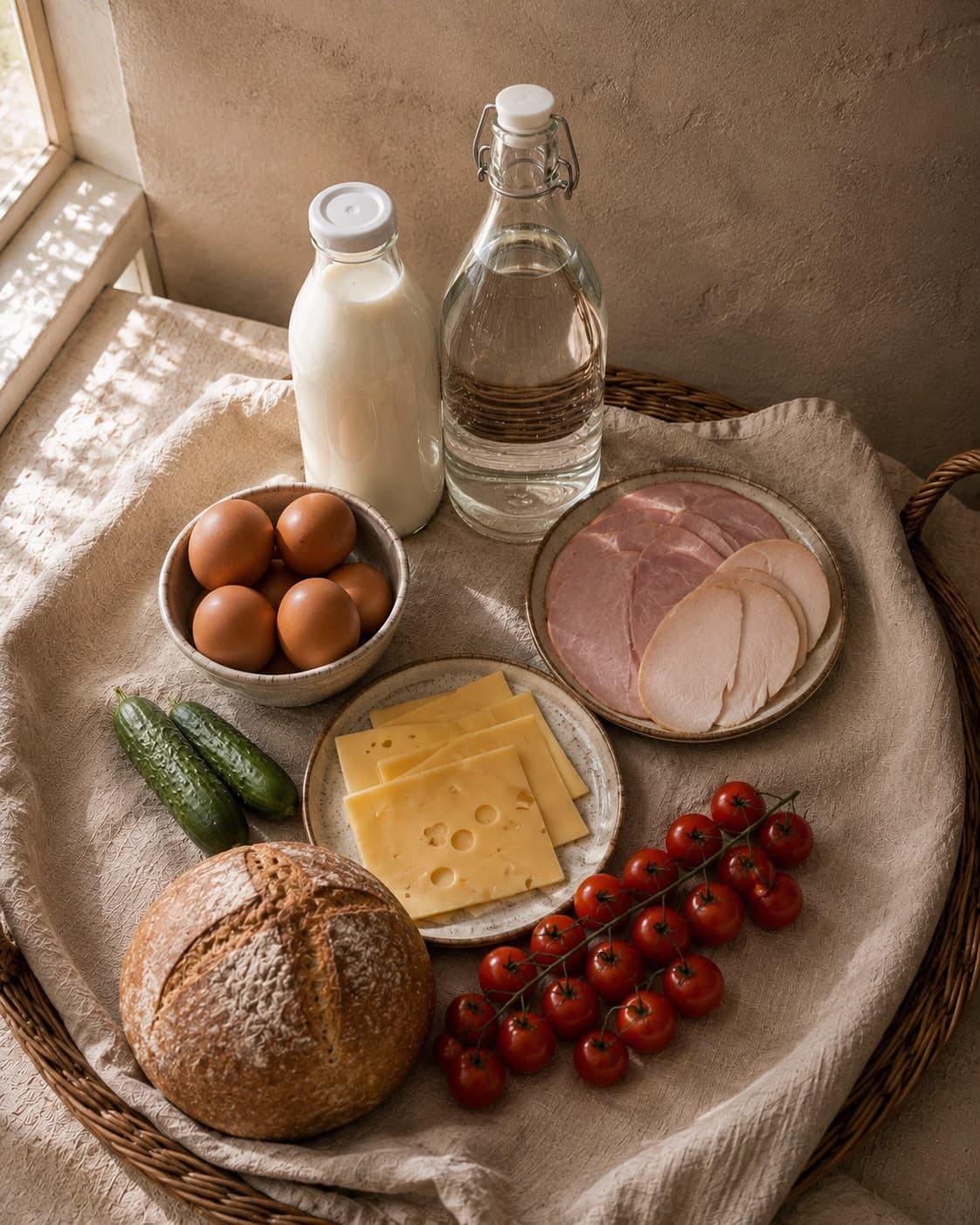 The Farmhouse Morning pack in a wicker basket: a fresh loaf, eggs, ham and turkey slices, sliced cheese, cucumbers, vine cherry tomatoes, milk and a bottle of still water.