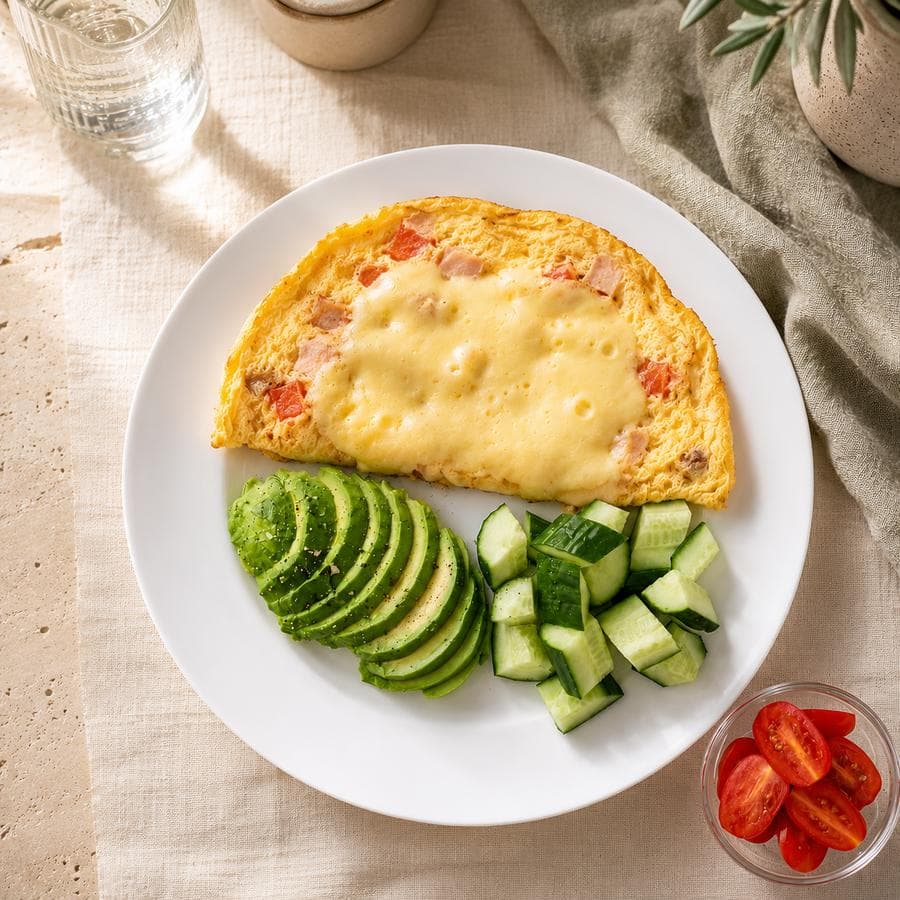 Ham & tomato omelette, plated.