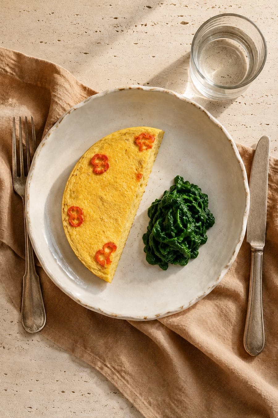 Pepper omelette, wilted spinach, plated.